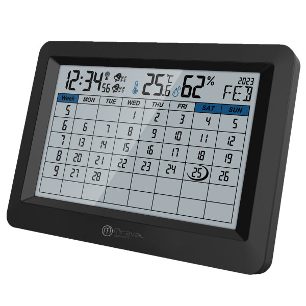 Miraval digitale Kalender Funk-Tischuhr mit Thermometer & Hygrometer