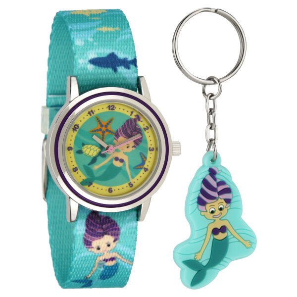 Kinderarmbanduhr Meerjungfrau mit Textilarmband und Schlüsselanhänger