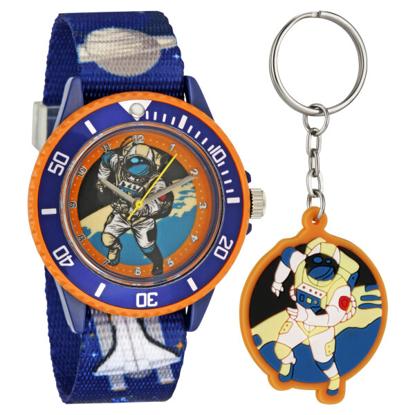 Kinderarmbanduhr Astronaut mit Textilarmband und Schlüsselanhänger